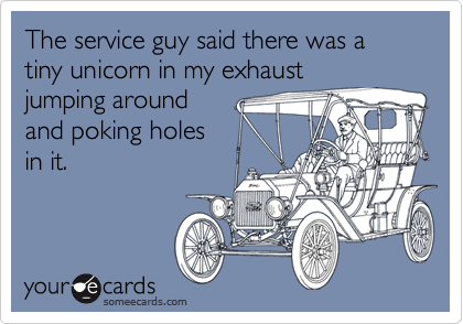 The service guy said there was a tiny unicorn in my exhaust
jumping around
and poking holes
in it.