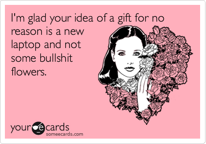 I'm glad your idea of a gift for no reason is a new
laptop and not
some bullshit
flowers.