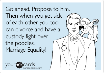 Go ahead. Propose to him.Then when you get sickof each other you toocan divorce and have acustody fight overthe poodles. Marriage Equality!