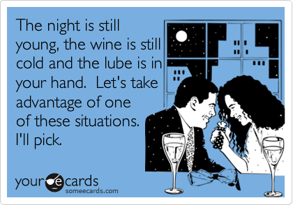 The night is still
young, the wine is still
cold and the lube is in
your hand.  Let's take 
advantage of one
of these situations.
I'll pick.