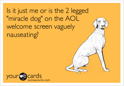 Is it just me or is the 2 legged "miracle dog" on the AOL
welcome screen vaguely
nauseating?