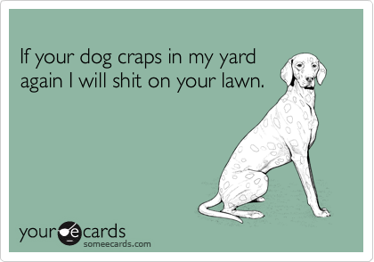 
If your dog craps in my yard
again I will shit on your lawn.