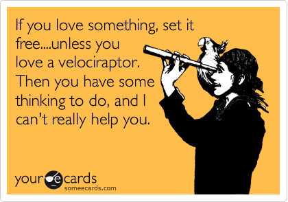 If you love something, set it free....unless you
love a velociraptor. 
Then you have some
thinking to do, and I
can't really help you.
