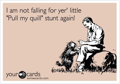 I am not falling for yer' little
"Pull my quill" stunt again! 