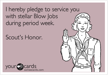 I hereby pledge to service you
with stellar Blow Jobs
during period week.

Scout's Honor.
