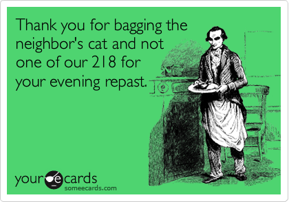Thank you for bagging the
neighbor's cat and not
one of our 218 for
your evening repast.