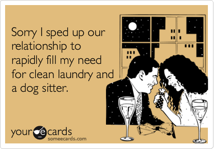 Sorry I sped up ourrelationship to rapidly fill my need for clean laundry anda dog sitter.
