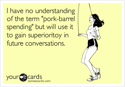 I have no understanding 
of the term "pork-barrel
spending" but will use it 
to gain superioritoy in
future conversations.