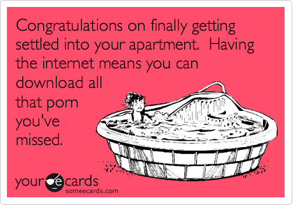 Congratulations on finally getting settled into your apartment.  Having the internet means you can download all
that porn
you've   
missed. 