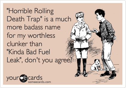 "Horrible Rolling
Death Trap" is a much
more badass name
for my worthless
clunker than
"Kinda Bad Fuel
Leak", don't you agree?