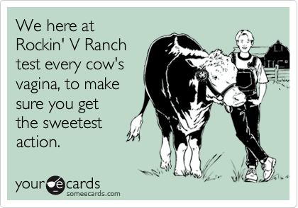 We here at Rockin' V Ranchtest every cow'svagina, to makesure you getthe sweetestaction.