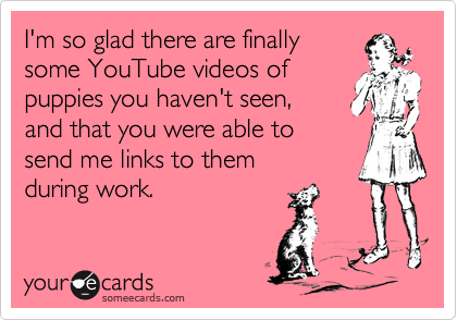 I'm so glad there are finallysome YouTube videos ofpuppies you haven't seen,and that you were able tosend me links to themduring work.