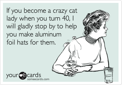 If you become a crazy cat
lady when you turn 40, I
will gladly stop by to help
you make aluminum
foil hats for them.