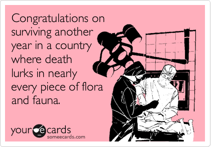 Congratulations on
surviving another
year in a country
where death
lurks in nearly
every piece of flora
and fauna.
