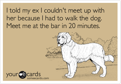 I told my ex I couldn't meet up with her because I had to walk the dog. Meet me at the bar in 20 minutes.