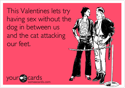 This Valentines lets tryhaving sex without thedog in between usand the cat attackingour feet.