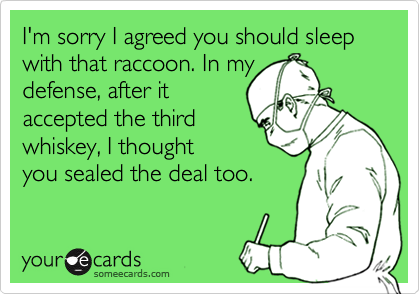 I'm sorry I agreed you should sleep with that raccoon. In mydefense, after itaccepted the thirdwhiskey, I thoughtyou sealed the deal too.
