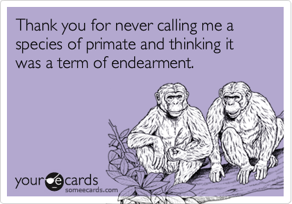 Thank you for never calling me a species of primate and thinking it was a term of endearment. 