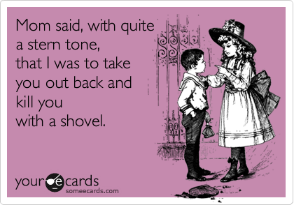 Mom said, with quite
a stern tone,
that I was to take
you out back and
kill you
with a shovel.