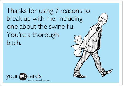 Thanks for using 7 reasons to
break up with me, including
one about the swine flu. 
You're a thorough
bitch.