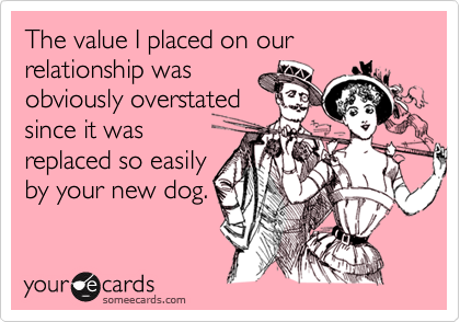 The value I placed on our relationship wasobviously overstatedsince it wasreplaced so easilyby your new dog.