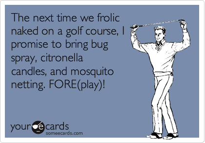 The next time we frolic
naked on a golf course, I
promise to bring bug
spray, citronella
candles, and mosquito
netting. FORE(play)!