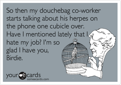So then my douchebag co-worker starts talking about his herpes on the phone one cubicle over.Have I mentioned lately that Ihate my job? I'm soglad I have you,Birdie.