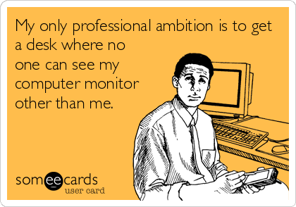 My only professional ambition is to get
a desk where no
one can see my
computer monitor
other than me.