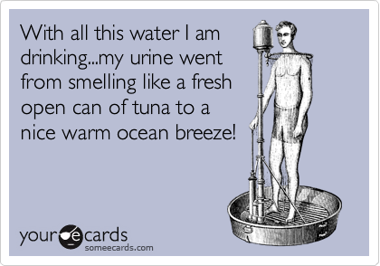 With all this water I am
drinking...my urine went
from smelling like a fresh
open can of tuna to a
nice warm ocean breeze!