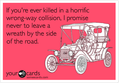 If you're ever killed in a horrific wrong-way collision, I promise never to leave a 
wreath by the side
of the road.