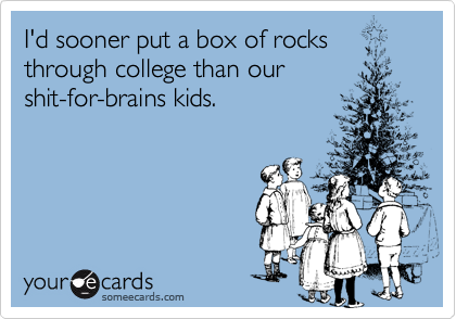I'd sooner put a box of rocks through college than our
shit-for-brains kids.