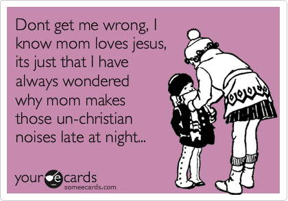 Dont get me wrong, I
know mom loves jesus,
its just that I have
always wondered
why mom makes 
those un-christian
noises late at night...