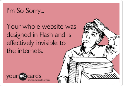 I'm So Sorry...  

Your whole website was
designed in Flash and is
effectively invisible to
the internets.