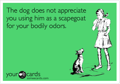 The dog does not appreciate
you using him as a scapegoat
for your bodily odors.