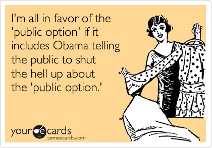 I'm all in favor of the
'public option' if it
includes Obama telling
the public to shut
the hell up about
the 'public option.'