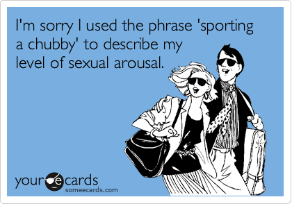 I'm sorry I used the phrase 'sporting a chubby' to describe my
level of sexual arousal.