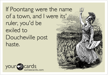 If Poontang were the name
of a town, and I were its'
ruler, you'd be
exiled to
Doucheville post
haste.
