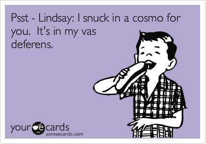 Psst - Lindsay: I snuck in a cosmo for you.  It's in my vas
deferens.