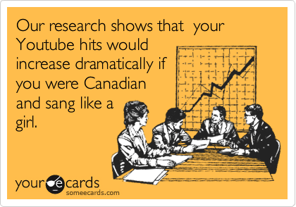 Our research shows that  your Youtube hits would 
increase dramatically if 
you were Canadian
and sang like a
girl.