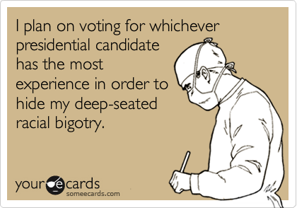 I plan on voting for whichever presidential candidate
has the most
experience in order to
hide my deep-seated
racial bigotry.