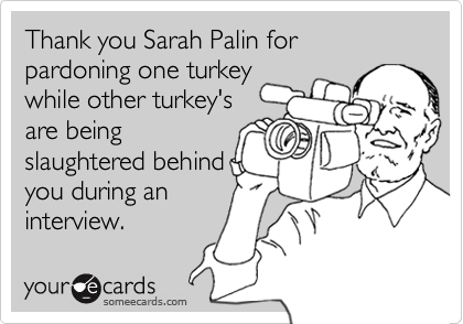 Thank you Sarah Palin for pardoning one turkey
while other turkey's
are being
slaughtered behind
you during an
interview.