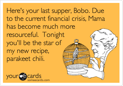 Here's your last supper, Bobo. Due to the current financial crisis, Mama has become much more
resourceful.  Tonight
you'll be the star of 
my new recipe,
parakeet chili.