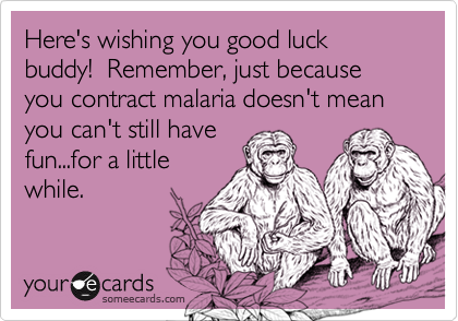 Here's wishing you good luck buddy!  Remember, just because you contract malaria doesn't mean you can't still have
fun...for a little
while.