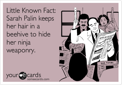 Little Known Fact: 
Sarah Palin keeps 
her hair in a
beehive to hide
her ninja
weaponry.
