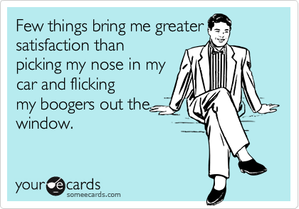 Few things bring me greater
satisfaction than
picking my nose in my
car and flicking 
my boogers out the
window.
