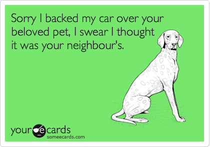 Sorry I backed my car over your beloved pet, I swear I thought 
it was your neighbour's.
