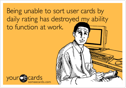 Being unable to sort user cards by daily rating has destroyed my ability to function at work.