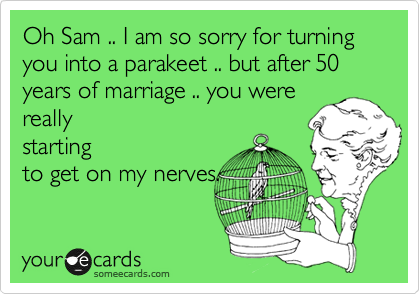 Oh Sam .. I am so sorry for turning you into a parakeet .. but after 50 years of marriage .. you were
really
starting
to get on my nerves.