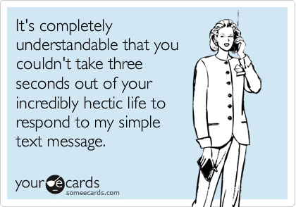 It's completely 
understandable that you
couldn't take three
seconds out of your
incredibly hectic life to
respond to my simple
text message. 