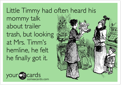 Little Timmy had often heard his mommy talk
about trailer
trash, but looking
at Mrs. Timm's
hemline, he felt
he finally got it.